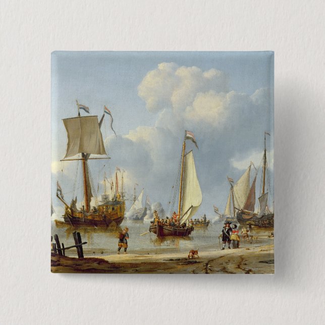 Ships in Calm Water with Figures by the Shore 15 Cm Square Badge (Front)