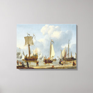 Ships in Calm Water with Figures by the Shore Canvas Print