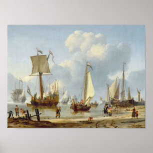 Ships in Calm Water with Figures by the Shore Poster