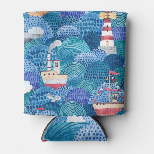 Ships & Lighthouse: Childish Watercolor Can Cooler (Front)