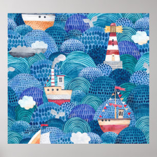 Ships & Lighthouse: Childish Watercolor Poster