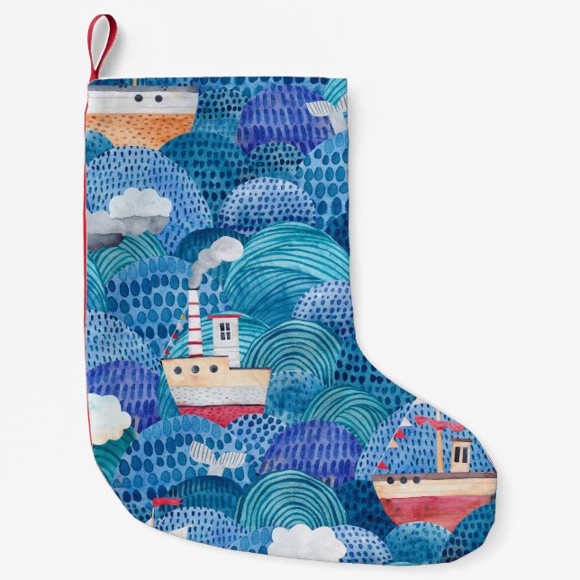 Ships & Lighthouse: Childish Watercolor Small Christmas Stocking (Front)