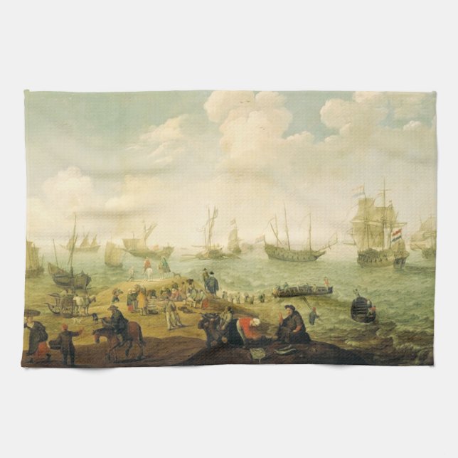 Ships on a Dutch roadstead  Tea Towel (Horizontal)