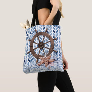 Ship's steering wheel, starfish, nautical pattern tote bag