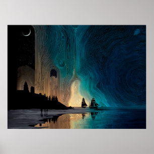 Ships under the crescent moon and Northern Lights Poster