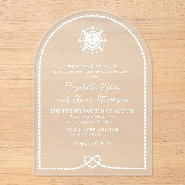 Ship's Wheel & Anchor Heart Knot Nautical Wedding Acrylic Invitations (Front)