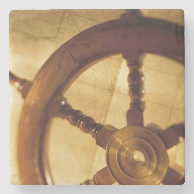 Ship'S Wheel And Map Stone Coaster (Front)