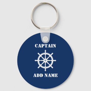 Ships Wheel Helm Captain or Boat Name Navy Blue Key Ring