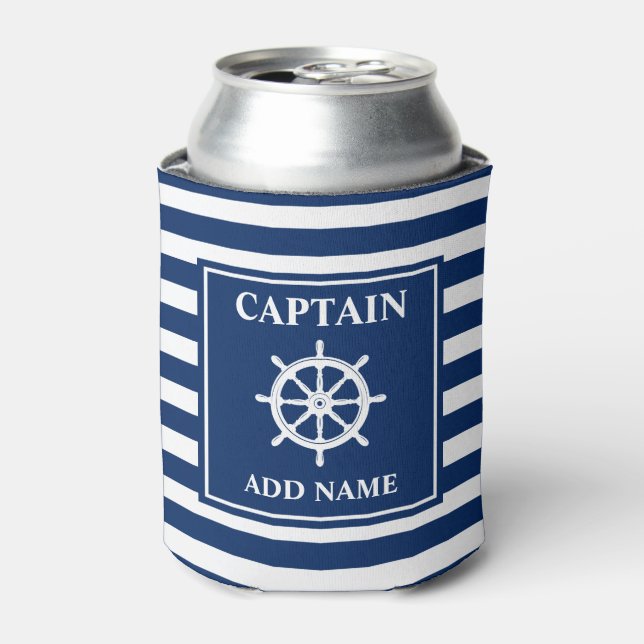 Ships Wheel Helm Captain or Boat Name Striped Can Cooler (Can Front)