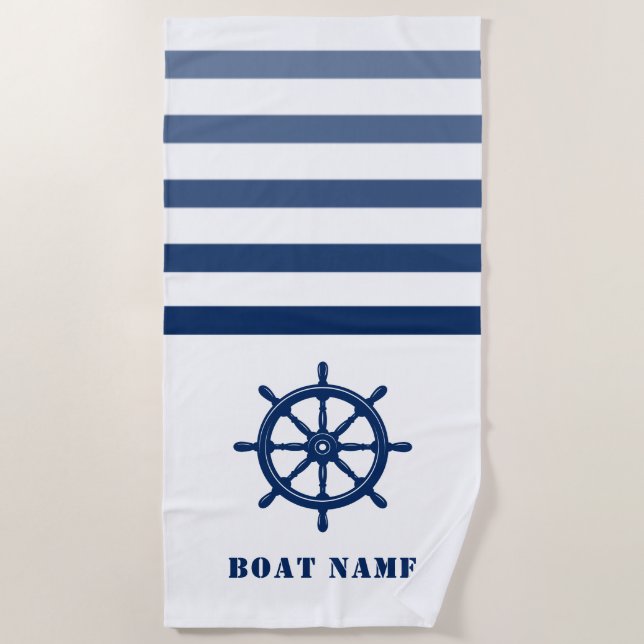 Ships Wheel Helm Your Boat Name Blue White Stripe Beach Towel (Front)
