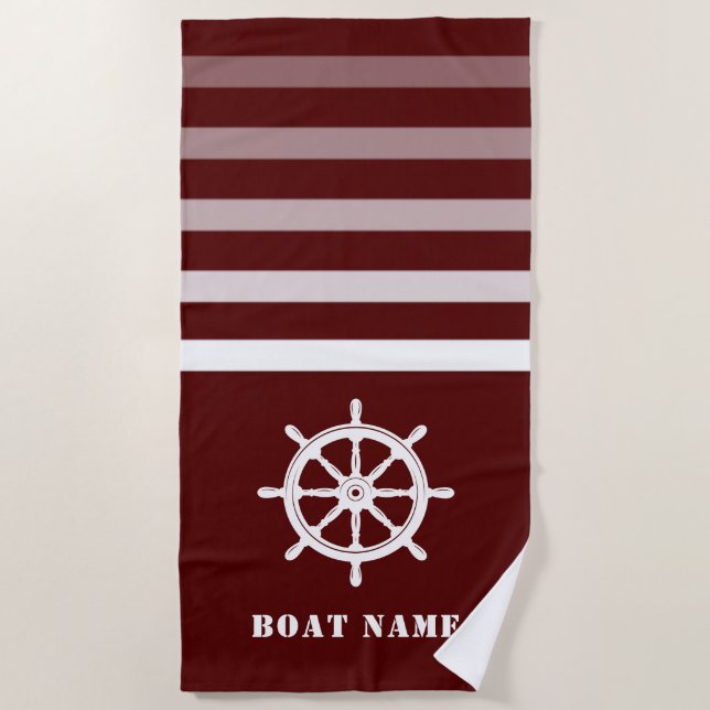 Ships Wheel Helm Your Boat Name Navy Red Beach Towel (Front)