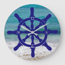 Ship's Wheel Ocean Background Large Clock