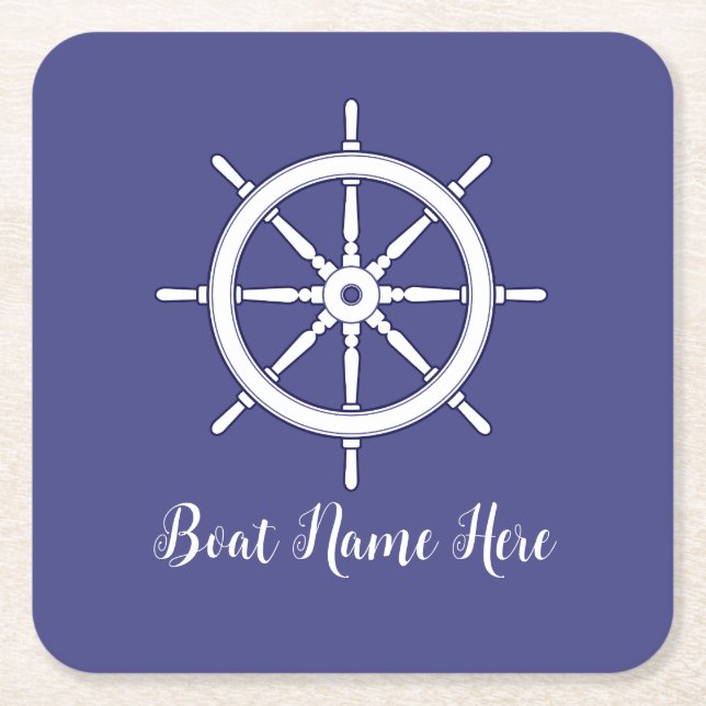 Ships Wheel White and Blue (Personalised) Square Paper Coaster (Front)