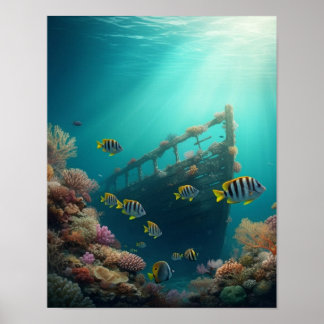 shipwreck and colourful fish poster