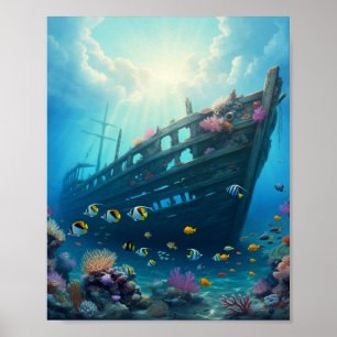 Shipwreck hidden on a reef poster