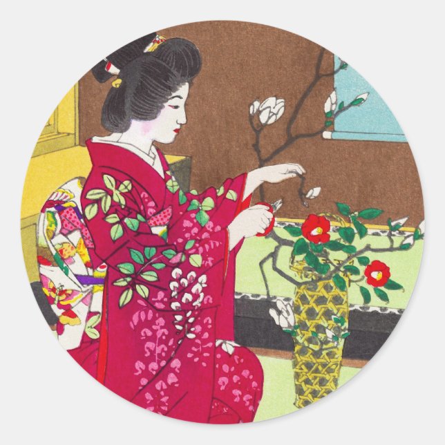 Shiro Kasamatsu Ikebana japan flowers lady scene Classic Round Sticker (Front)
