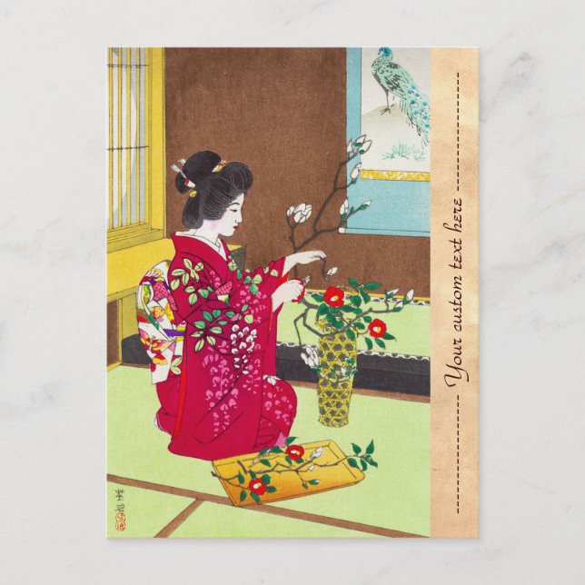 Shiro Kasamatsu Ikebana japan flowers lady scene Postcard (Front)
