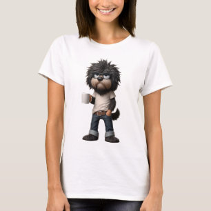 Shirt mit Hund der eine Tasse in der Hand hat.