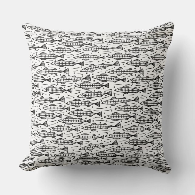 Shoal of Fish Pattern - Black on White Cushion (Front)