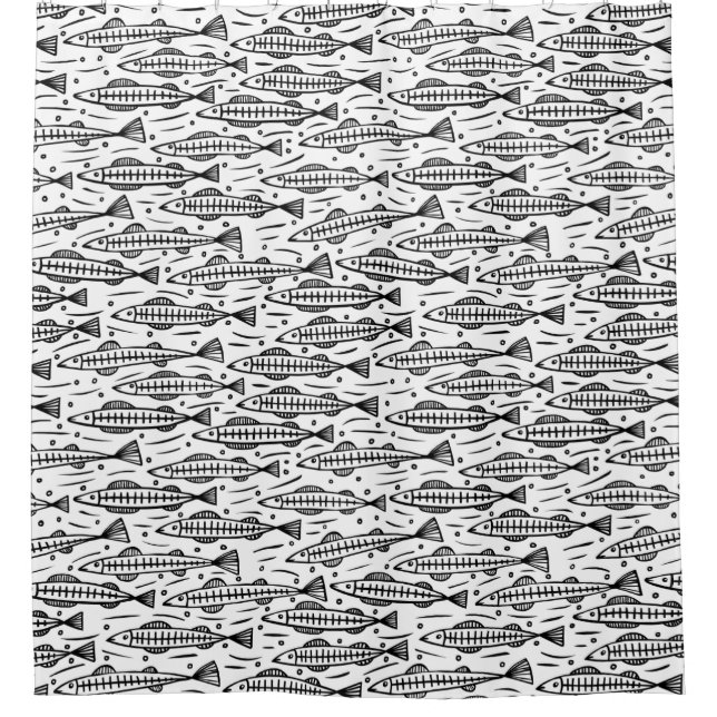 Shoal of Fish Pattern - Black on White Shower Curtain (Front)