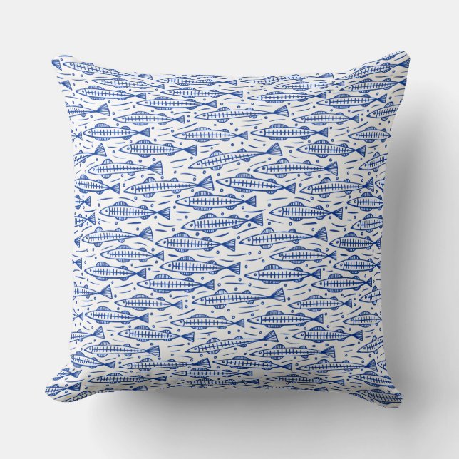 Shoal of Fish Pattern - Navy Blue on White Cushion (Front)