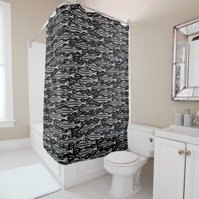 Shoal of Fish Pattern - White on Black Shower Curtain (In Situ)