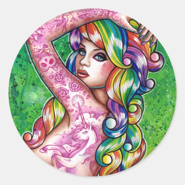 Shock Tart Rainbow Pin Up Girl Classic Round Sticker (Front)