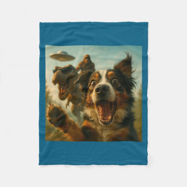 Shocked Australian Shepherd Dog T-rex Bigfoot Ufo  Fleece Blanket (Front)