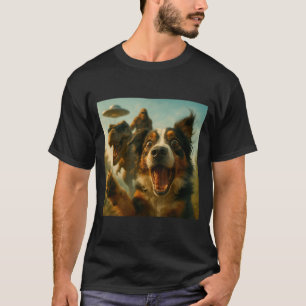 Shocked Australian Shepherd Dog T-rex Bigfoot Ufo  T-Shirt