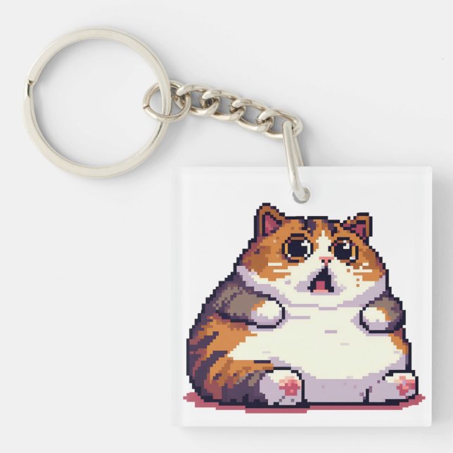 Shocked orange fat cat meme pixel art key ring (Front)