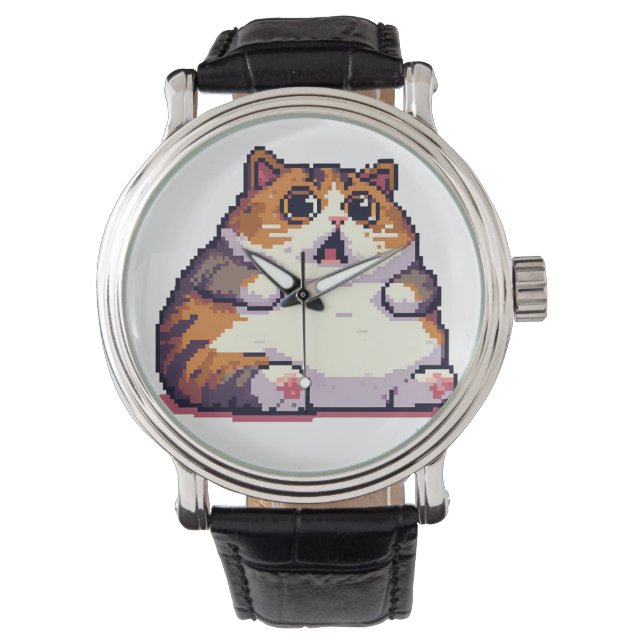Shocked orange fat cat meme pixel art watch (Front)