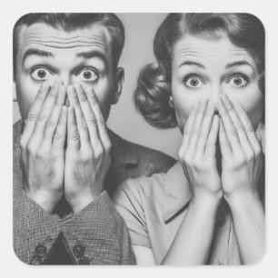 Shocked Retro Couple Portrait Square Sticker
