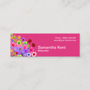 Shocking Pink Cute Ladybug Colourful Flowers Mini Business Card