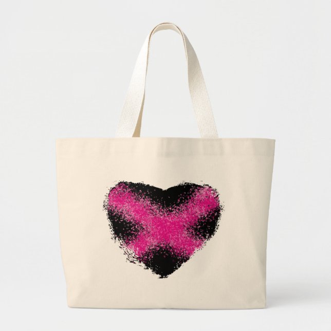 Shocking pink on black glitter dots heart cross large tote bag (Front)