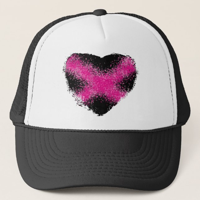 Shocking pink on black glitter dots heart cross trucker hat (Front)