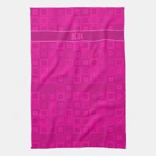Shocking pink squares pattern, your initials tea towel