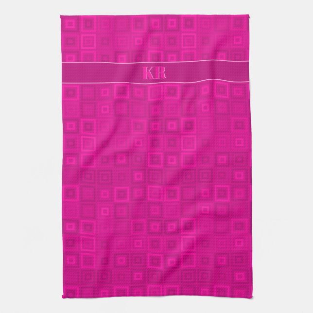 Shocking pink squares pattern, your initials tea towel (Vertical)