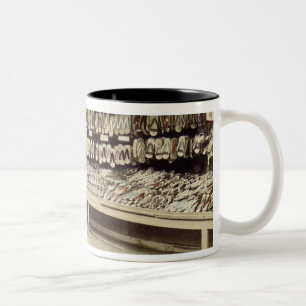 Shoe shop in Kyoto, c.1890 (hand-coloured photo) Two-Tone Coffee Mug