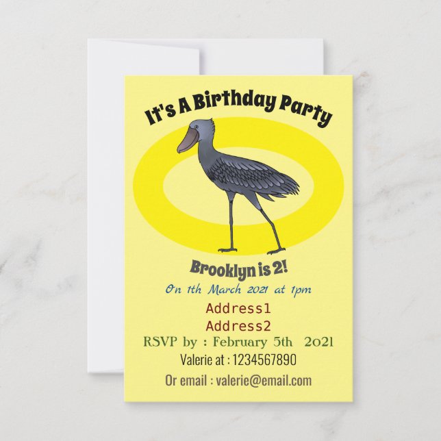 Shoebill bird cartoon illustration invitation (Front)
