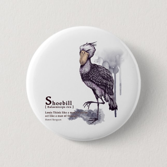 shoebill - plum 6 cm round badge (Front)