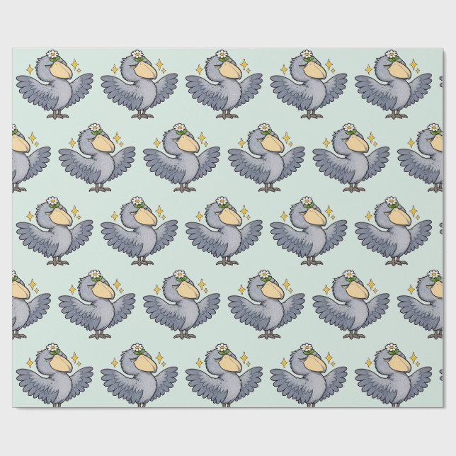 Shoebill with Flowers and Mint Pattern Wrapping Paper (Flat)