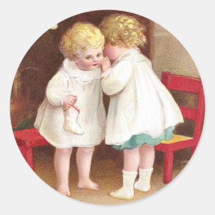 Shoeless Girls Whispering Vintage Christmas Classic Round Sticker
