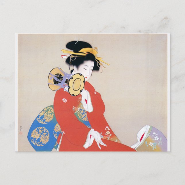 Shoen Uemura 上村松園 着物 女性 太鼓 楽器演奏 芸者 日本画 美人画 浮世絵 赤 青 Postcard (Front)