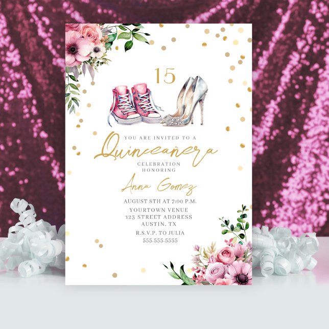 Shoes Quinceañera Pink Sneakers Heels 15 Floral Invitation (Creator Uploaded)