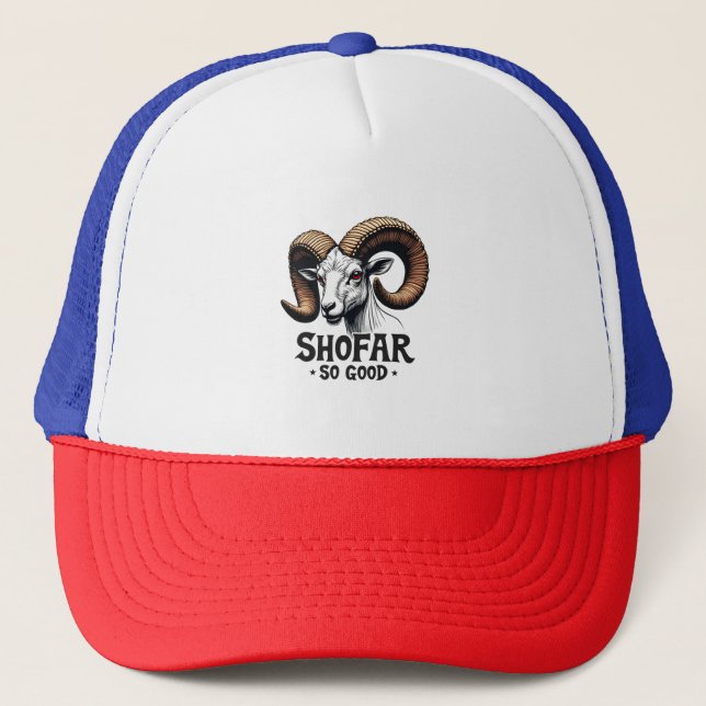 Shofar so good Jewish Goat Hanukkah Lovers  Trucker Hat (Front)