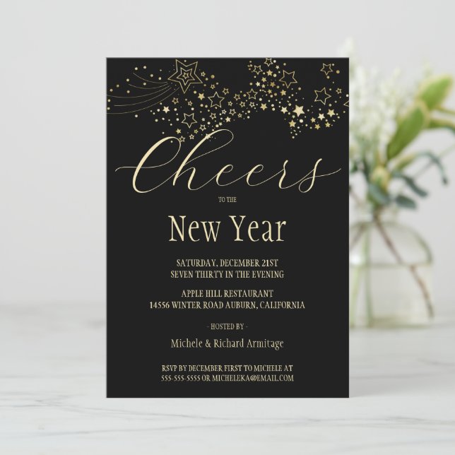 Shooting Gold Stars New Years Invitation (Standing Front)