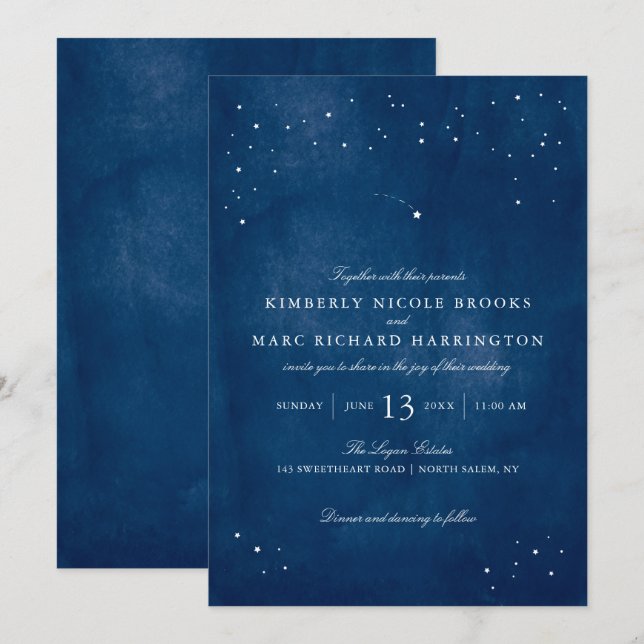Shooting Star Blue Watercolor Wedding Invitation (Front/Back)