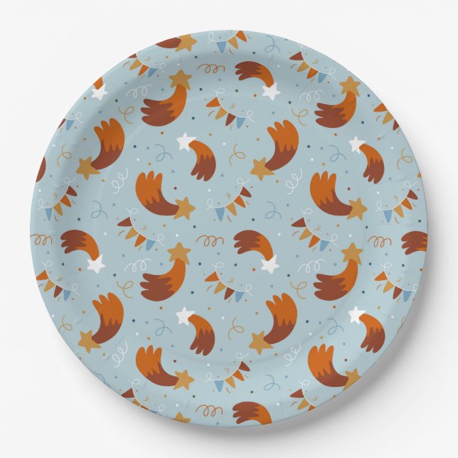 Shooting Star & Confetti Celebration Light Blue Paper Plate (Front)