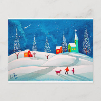 Shooting star folk naive art winter snow scene postcard