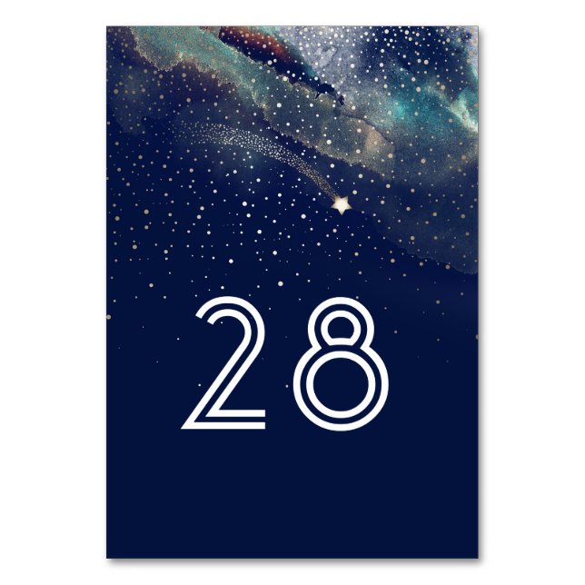 Shooting Star Navy Starry Night Wedding Table Number (Front)